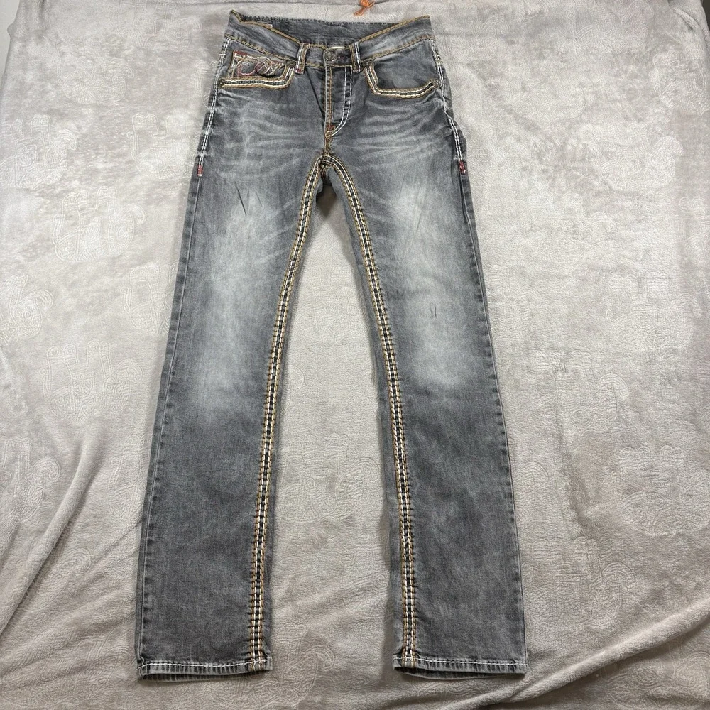 True religion Jackson gray Straight Jeans Orange Red White Stitching Made USA 30